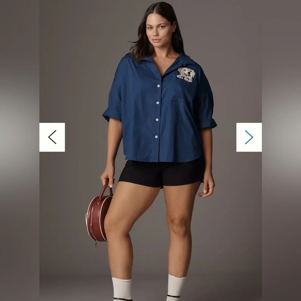 The Mabel Boxy Oxford shirt Navy Blue with Dog Embroidery NWT 2X by Maeve - Picture 2 of 5